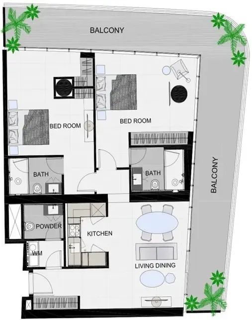 2 bedrooms floor plan