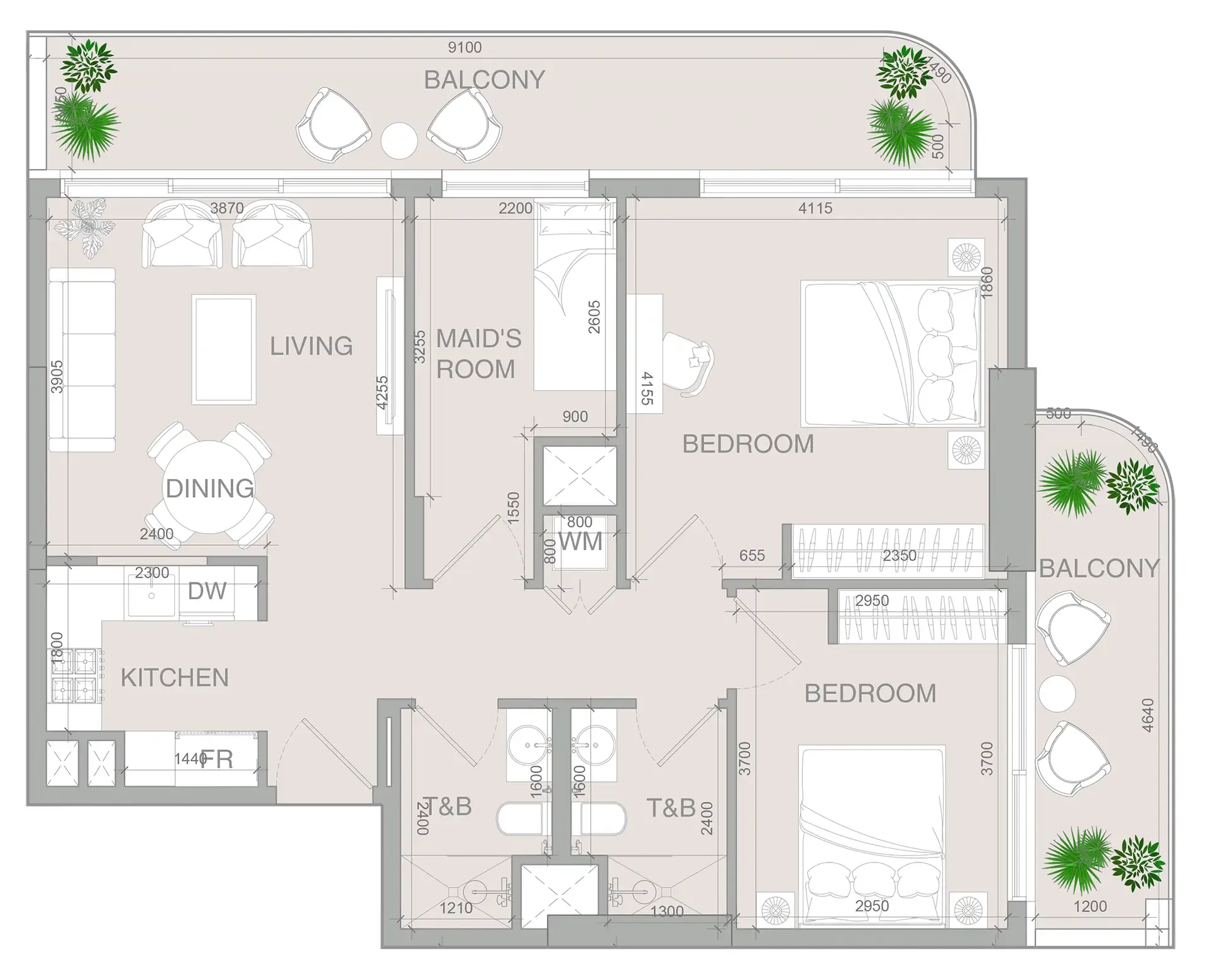 2 bedrooms floor plan