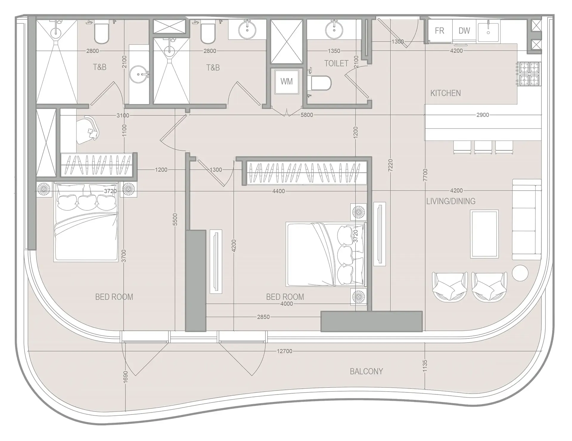 2 bedrooms floor plan