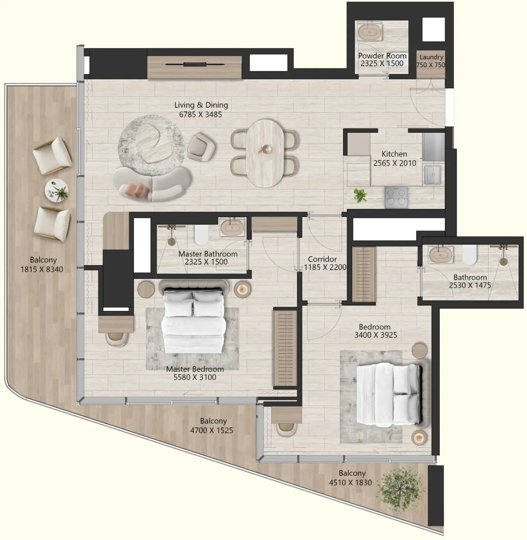 2 bedrooms floor plan