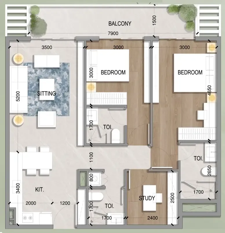 2 bedrooms floor plan