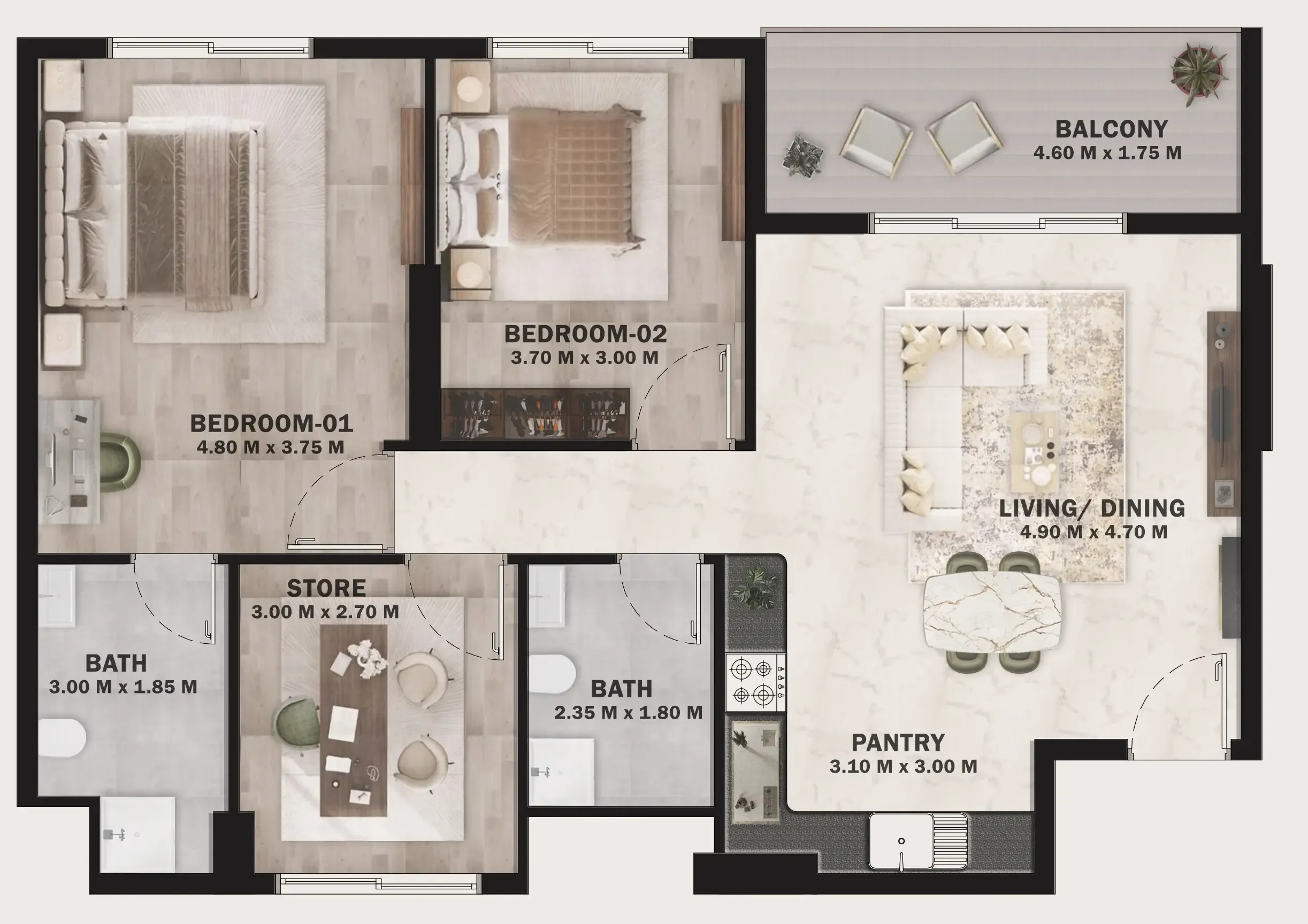 2 bedrooms floor plan
