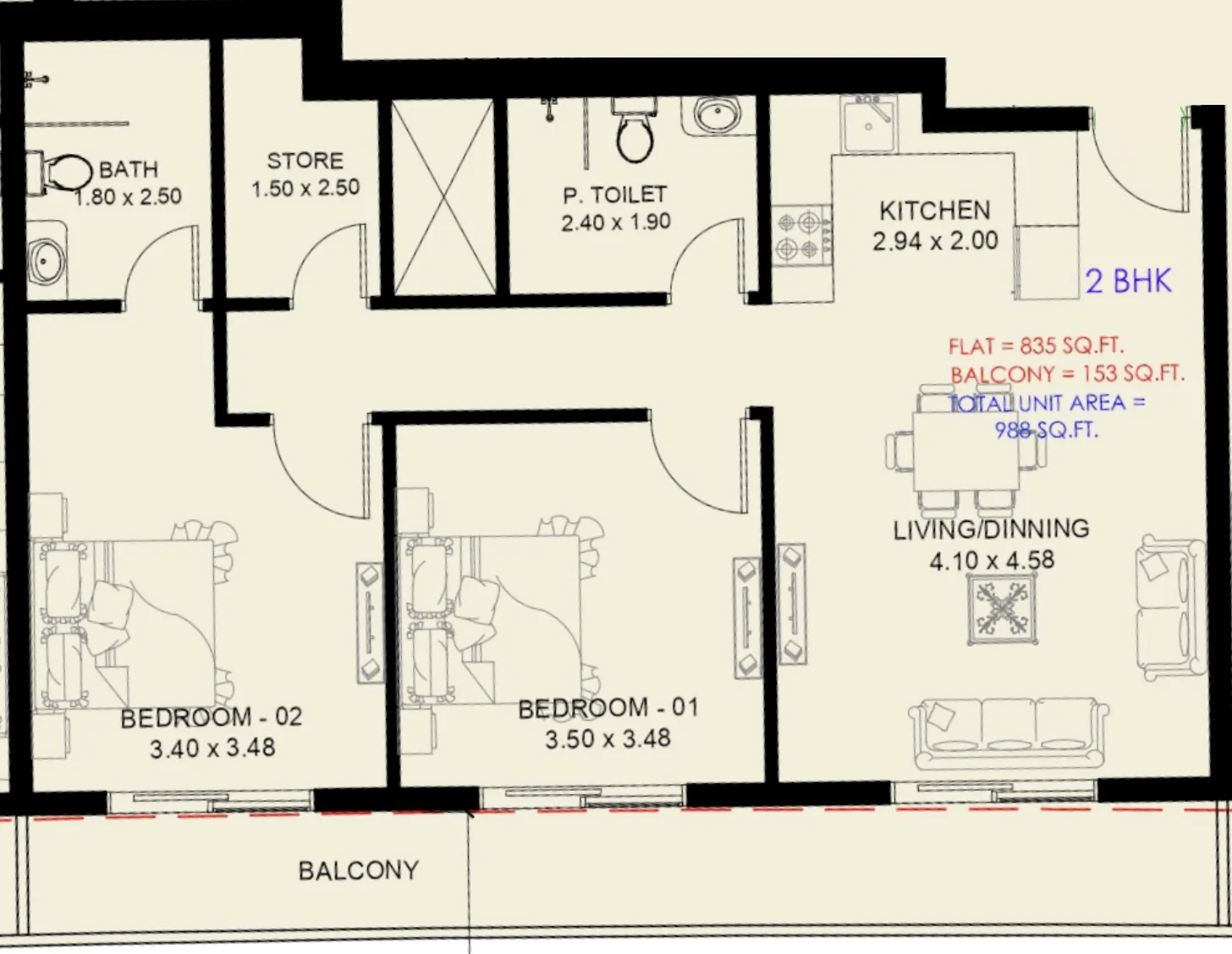 2 bedrooms floor plan