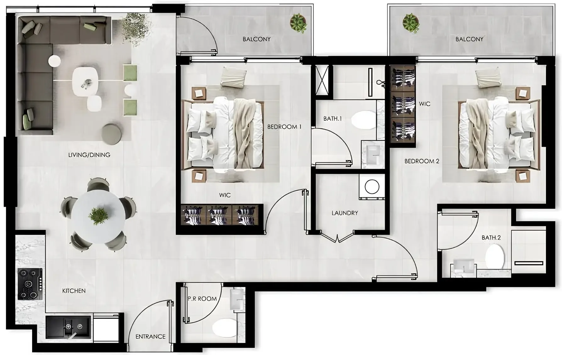 2 bedrooms floor plan