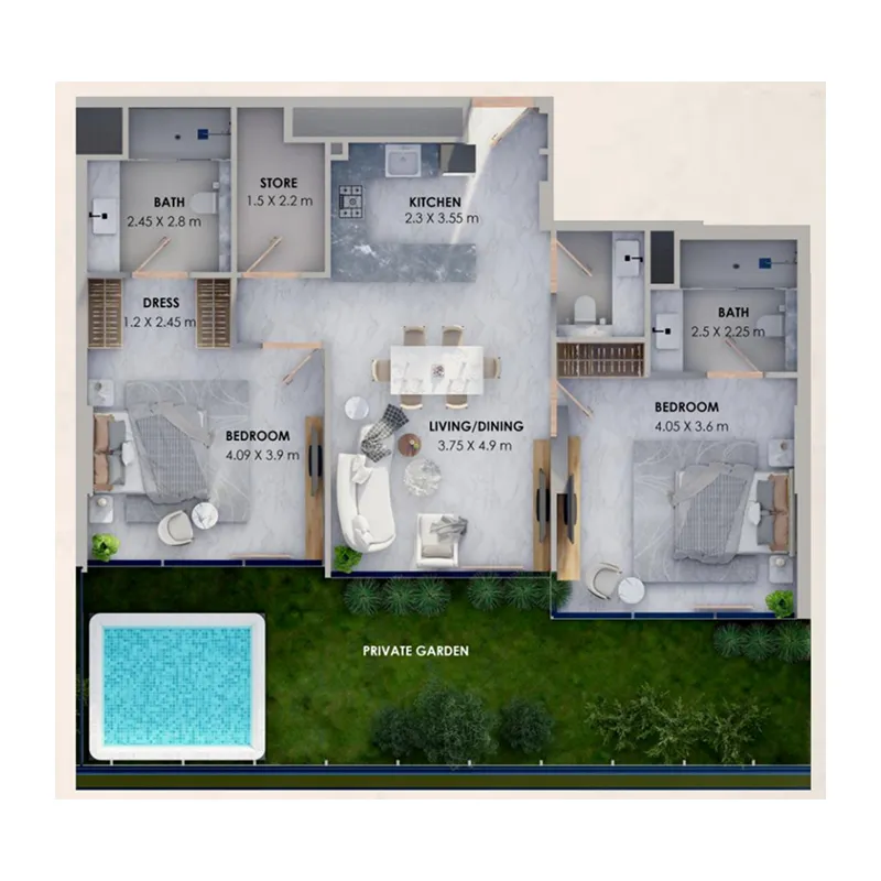 2 bedrooms floor plan