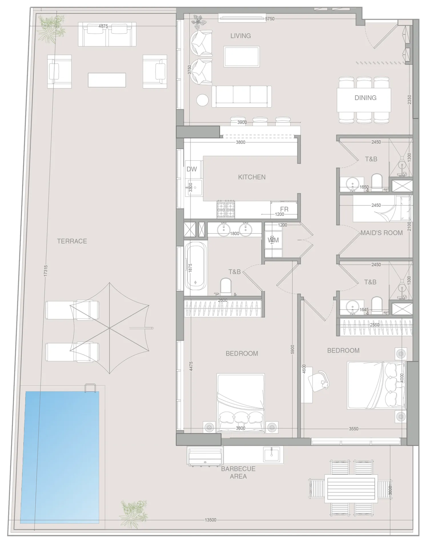 2 bedrooms floor plan