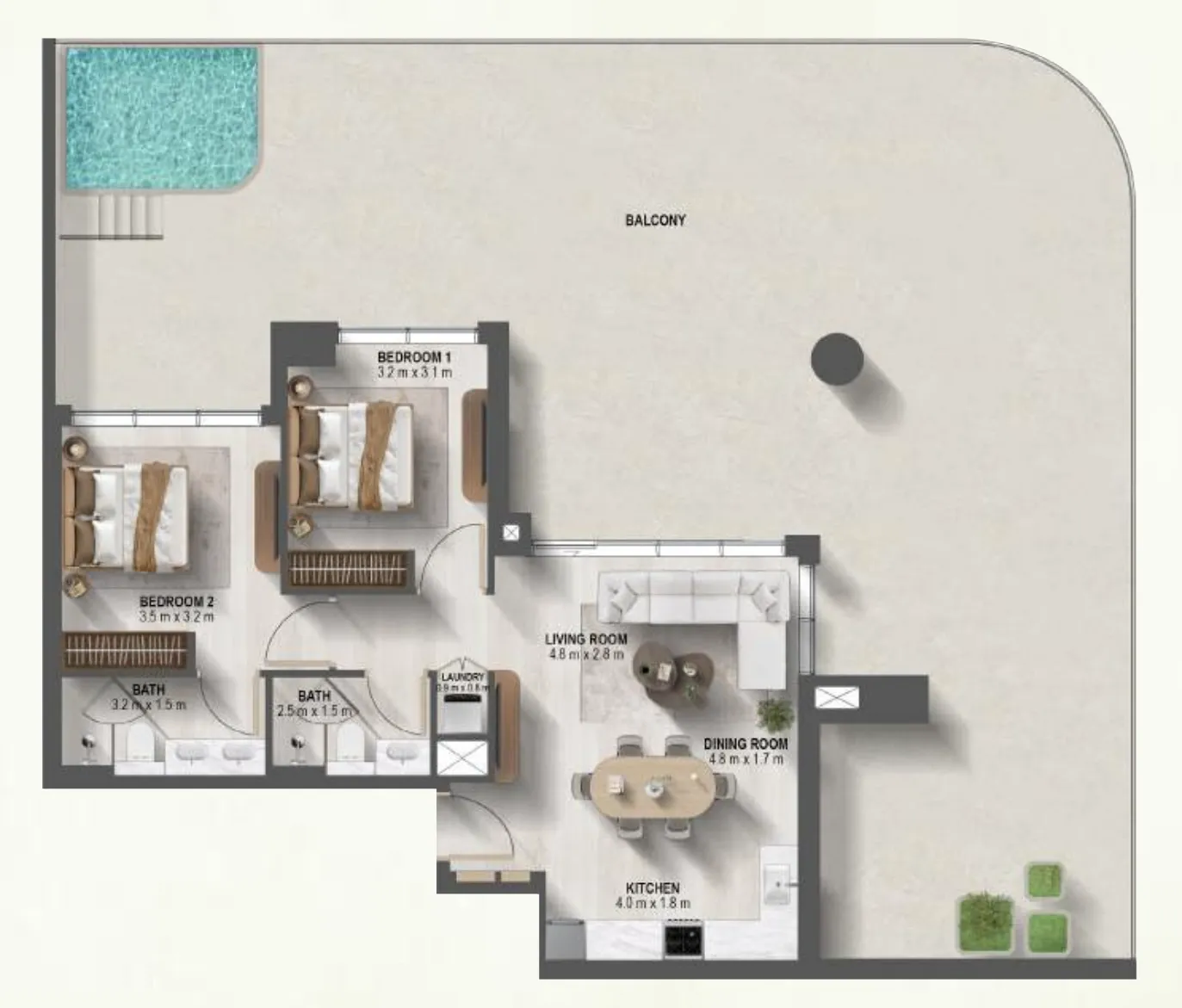 2 bedrooms floor plan