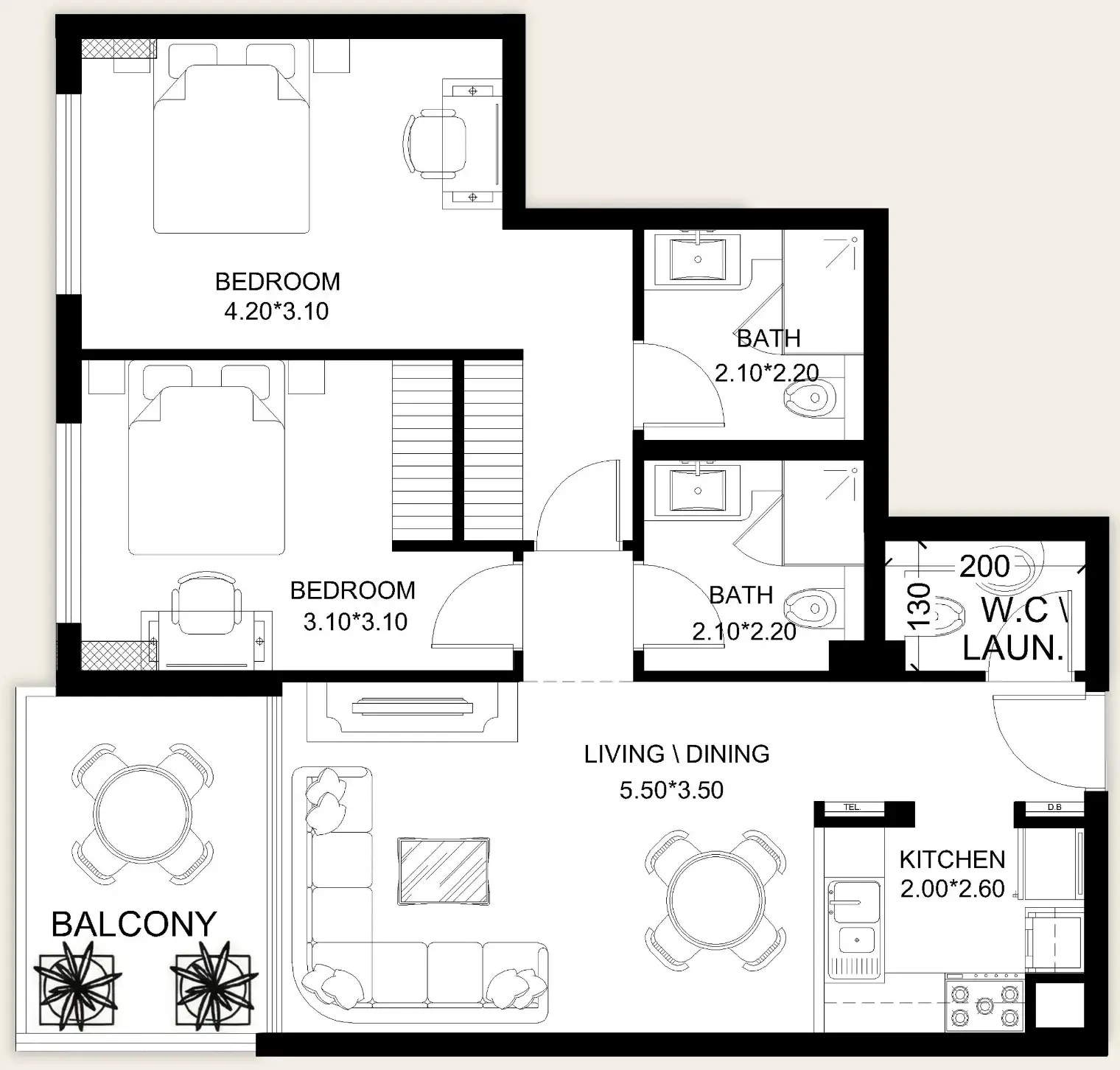 2 bedrooms floor plan