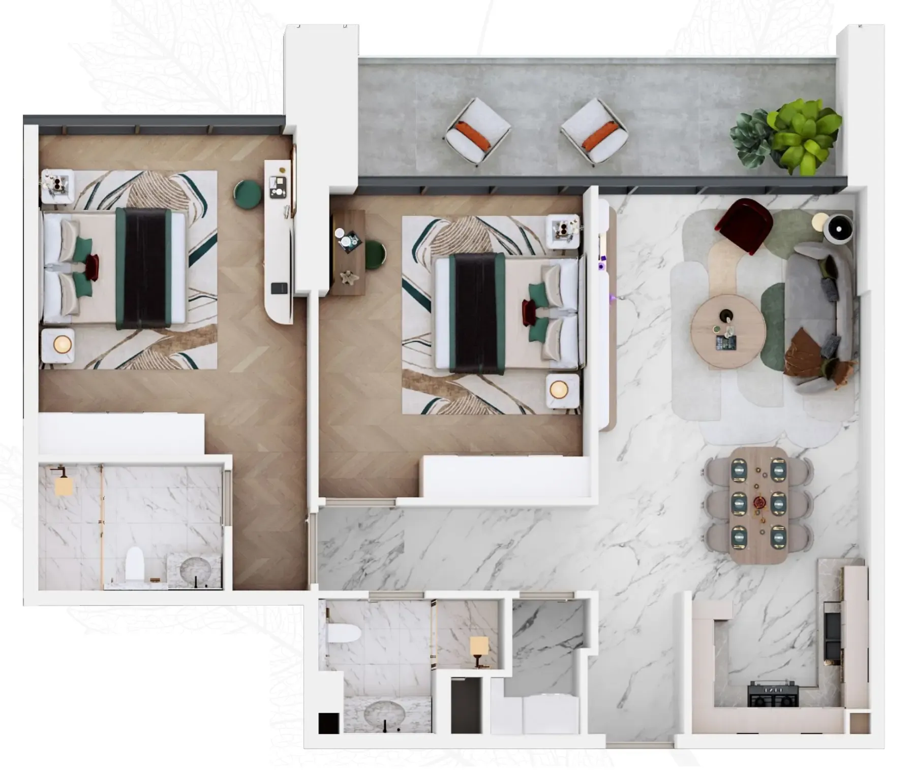 2 bedrooms floor plan