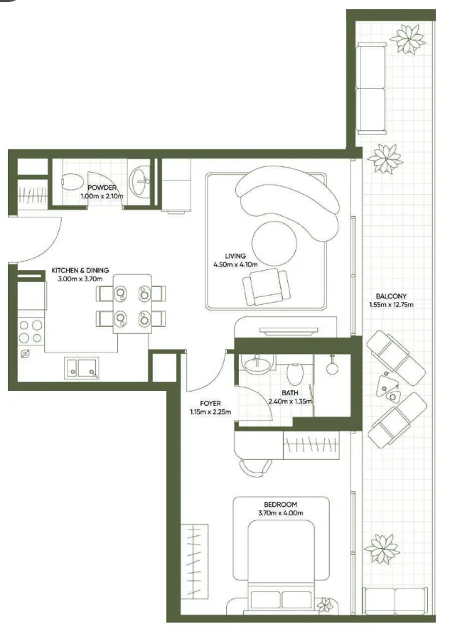 Segrex Development Olivia Gardens 1BR floor plan