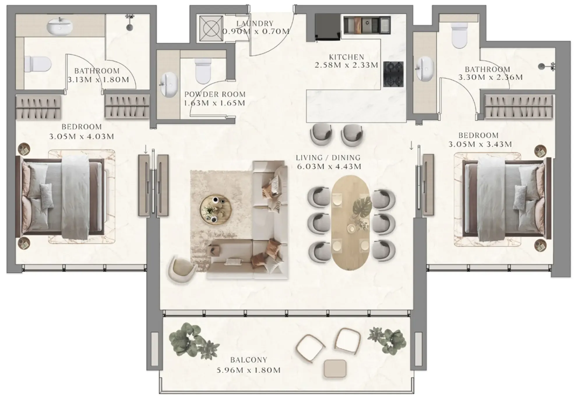2 bedrooms floor plan