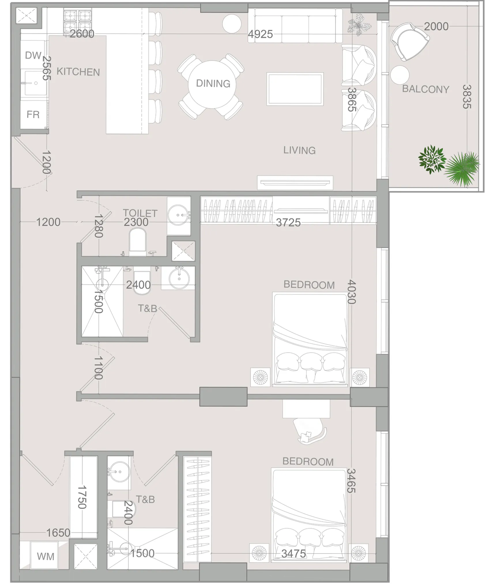 2 bedrooms floor plan