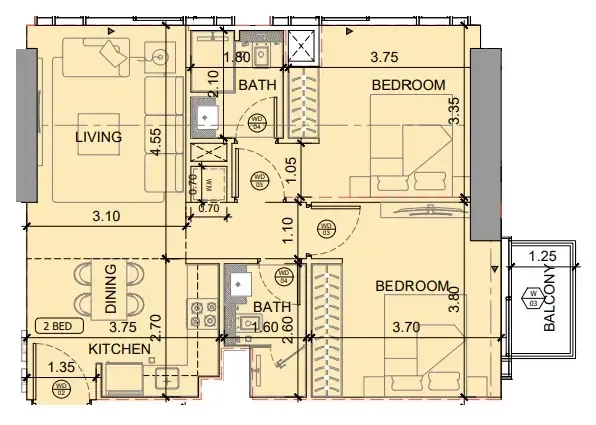 2 bedrooms floor plan