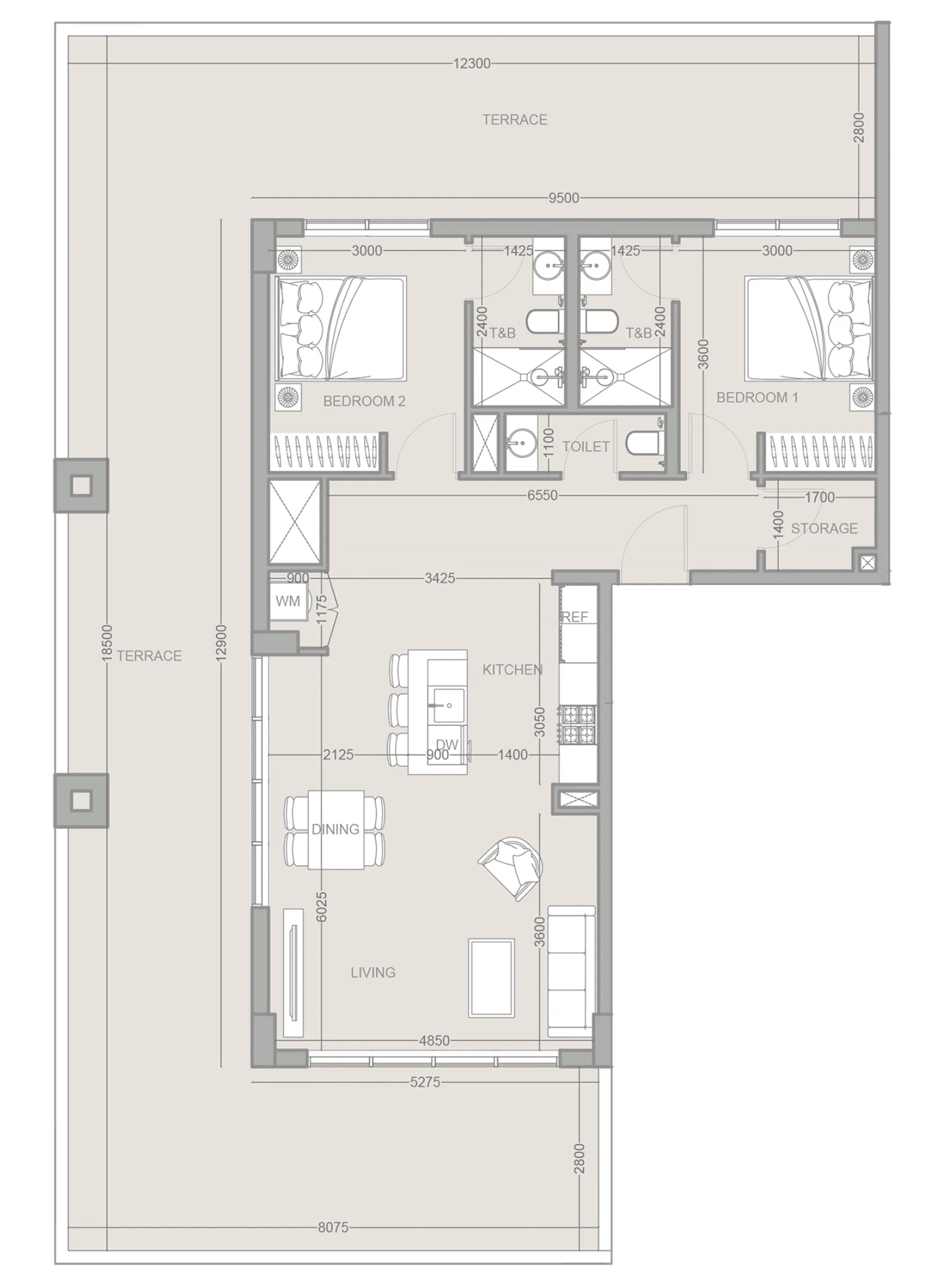 2 bedrooms floor plan