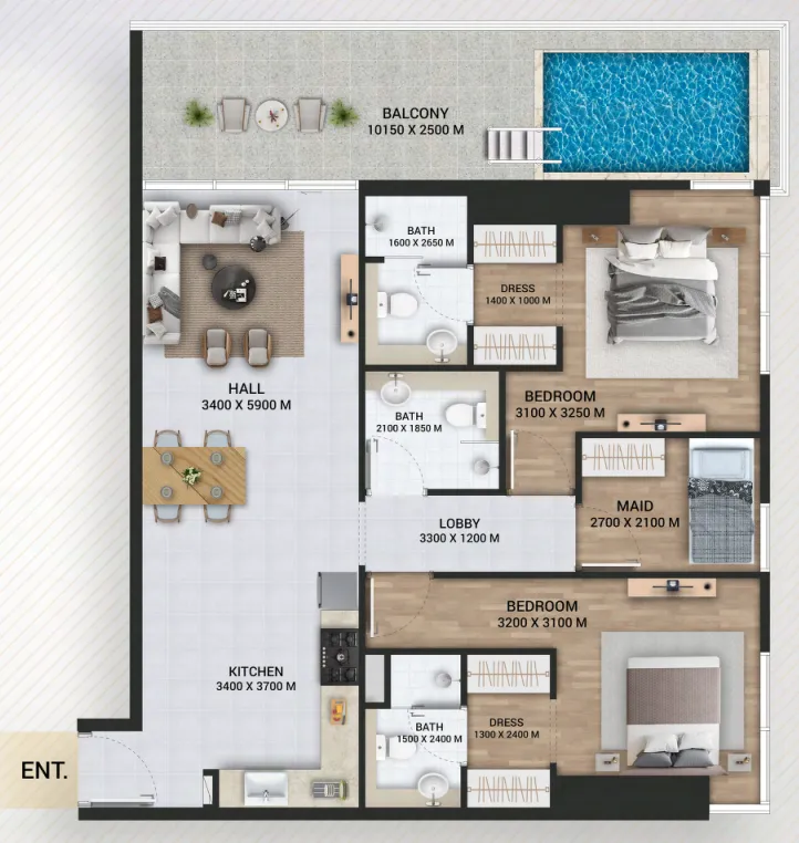 2 bedrooms floor plan