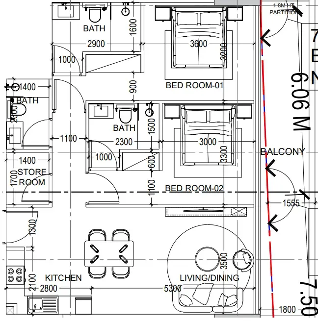 2 bedrooms floor plan