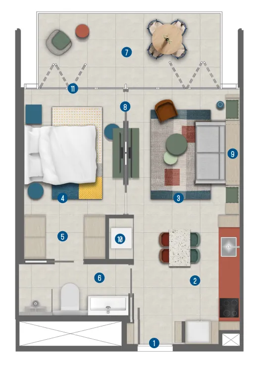 Irth Development Rove Home Marasi Drive 1BR floor plan