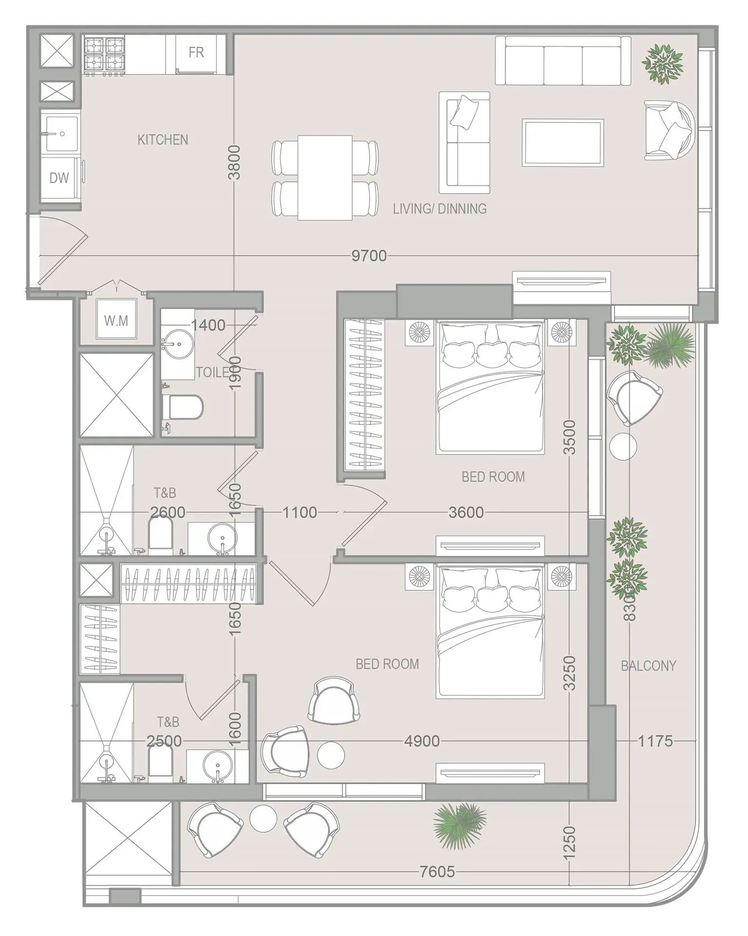 2 bedrooms floor plan