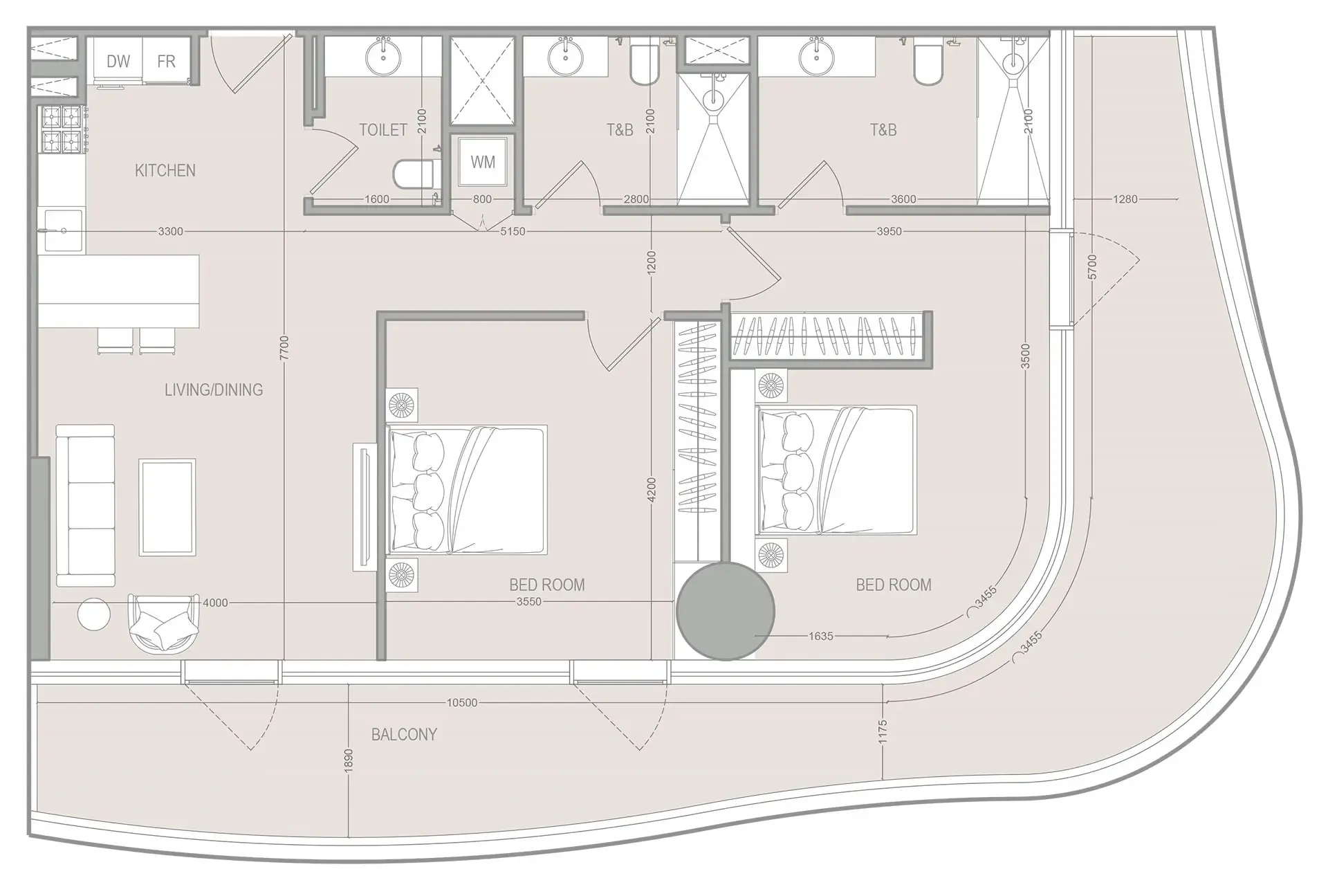 2 bedrooms floor plan