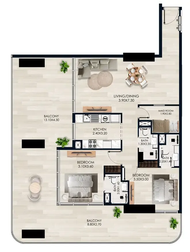 2 bedrooms floor plan