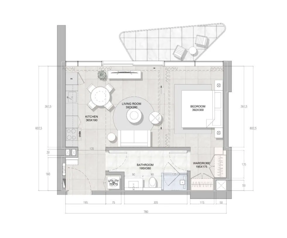 RAK Properties Solera Downtown Mina 1BR floor plan