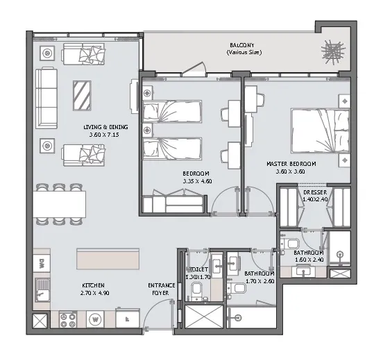 2 bedrooms floor plan