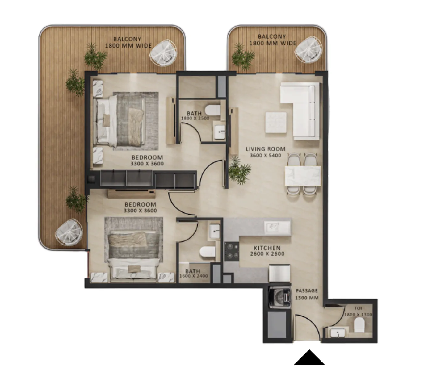 2 bedrooms floor plan