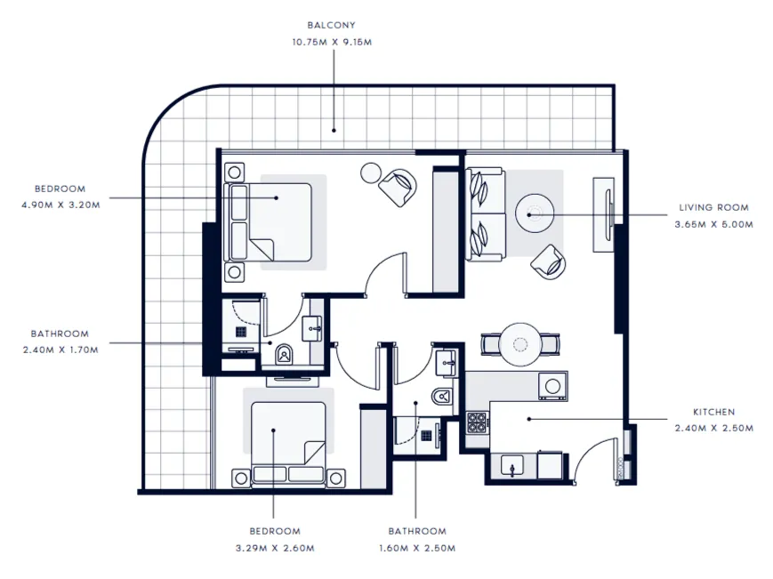 2 bedrooms floor plan