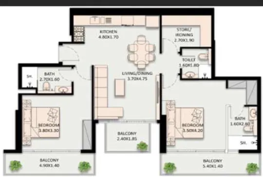 2 bedrooms floor plan