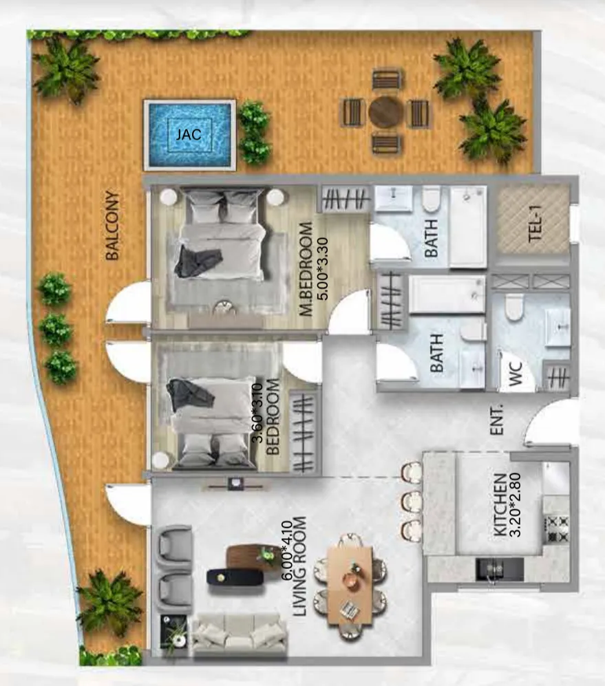 2 bedrooms floor plan