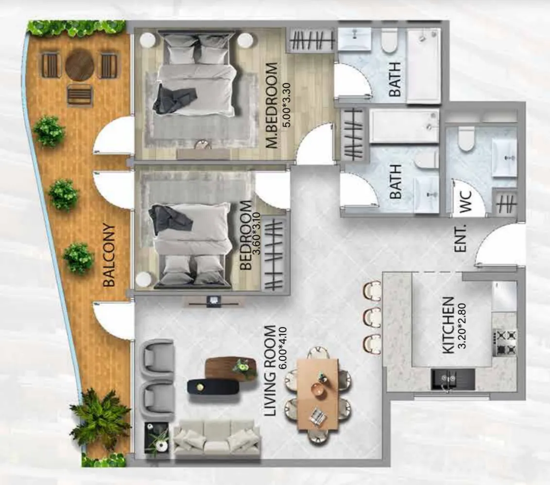 2 bedrooms floor plan