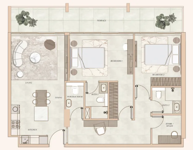2 bedrooms floor plan