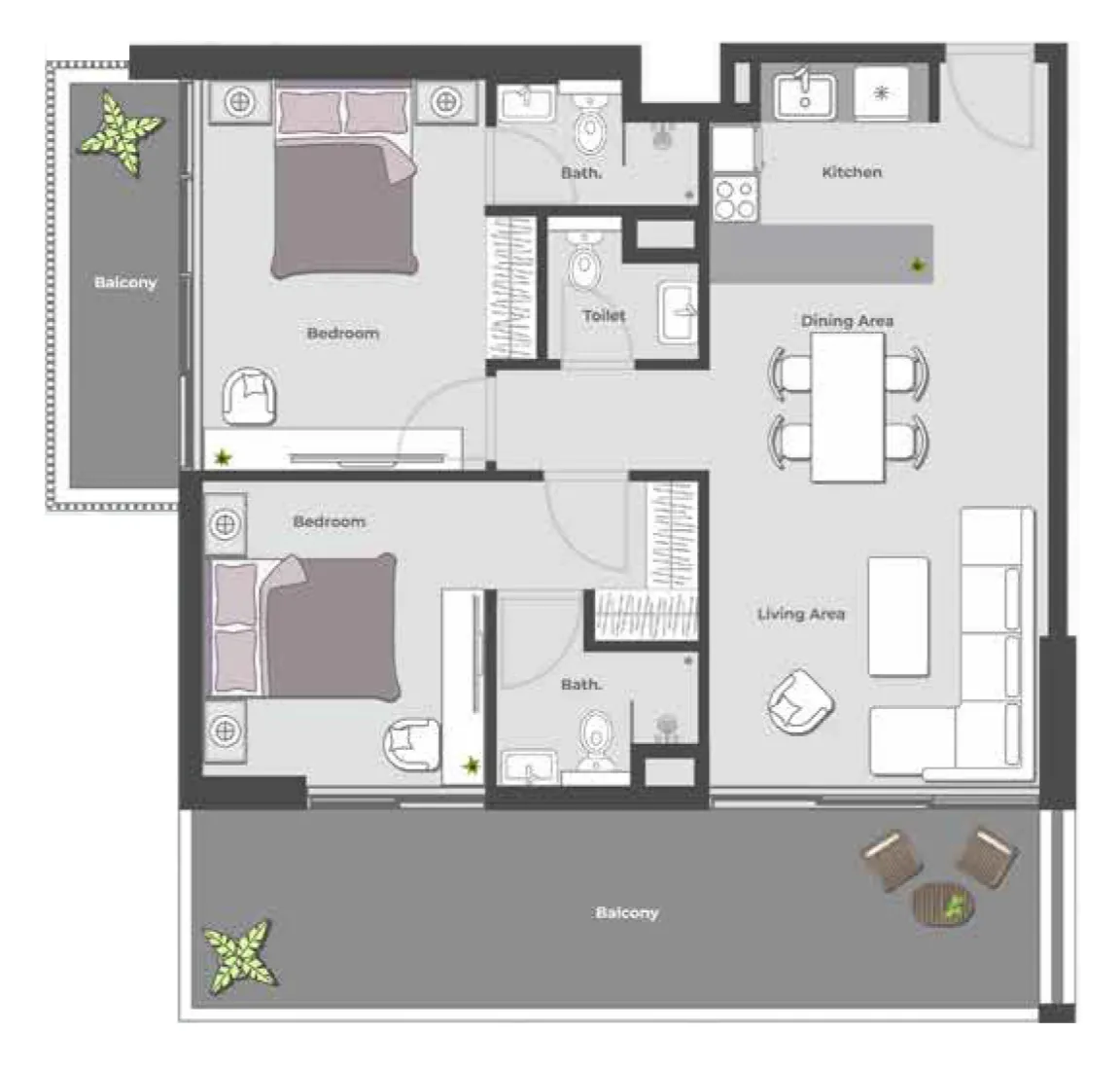2 bedrooms floor plan