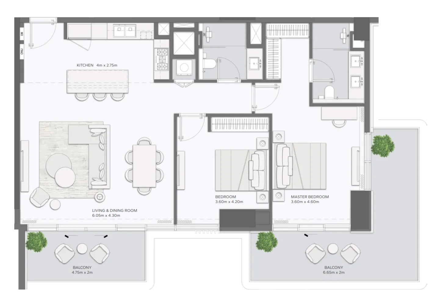 2 bedrooms floor plan