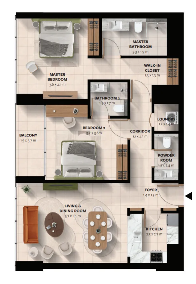 2 bedrooms floor plan