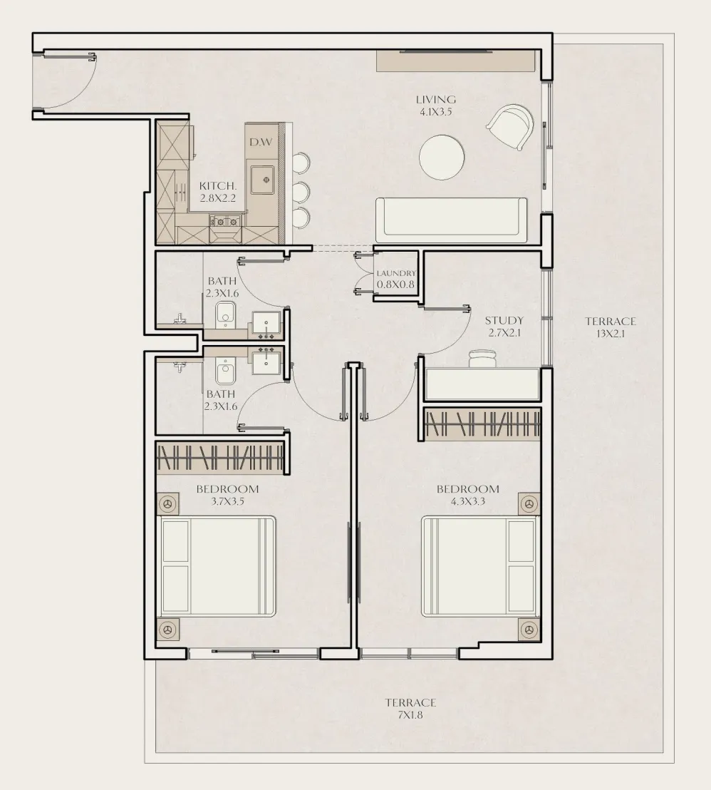 2 bedrooms floor plan