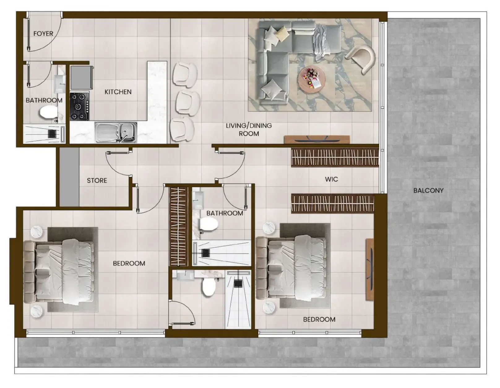 2 bedrooms floor plan