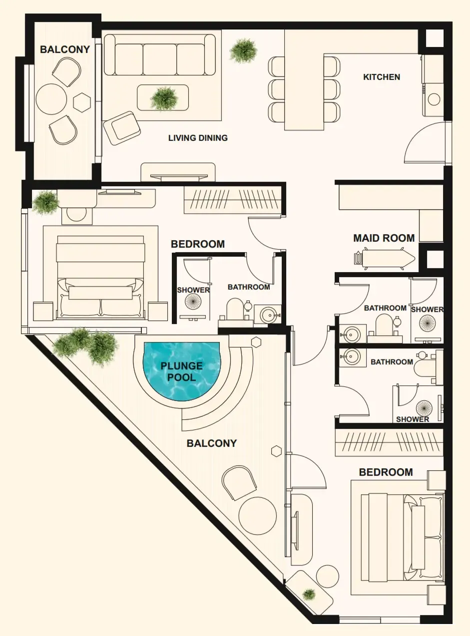 2 bedrooms floor plan