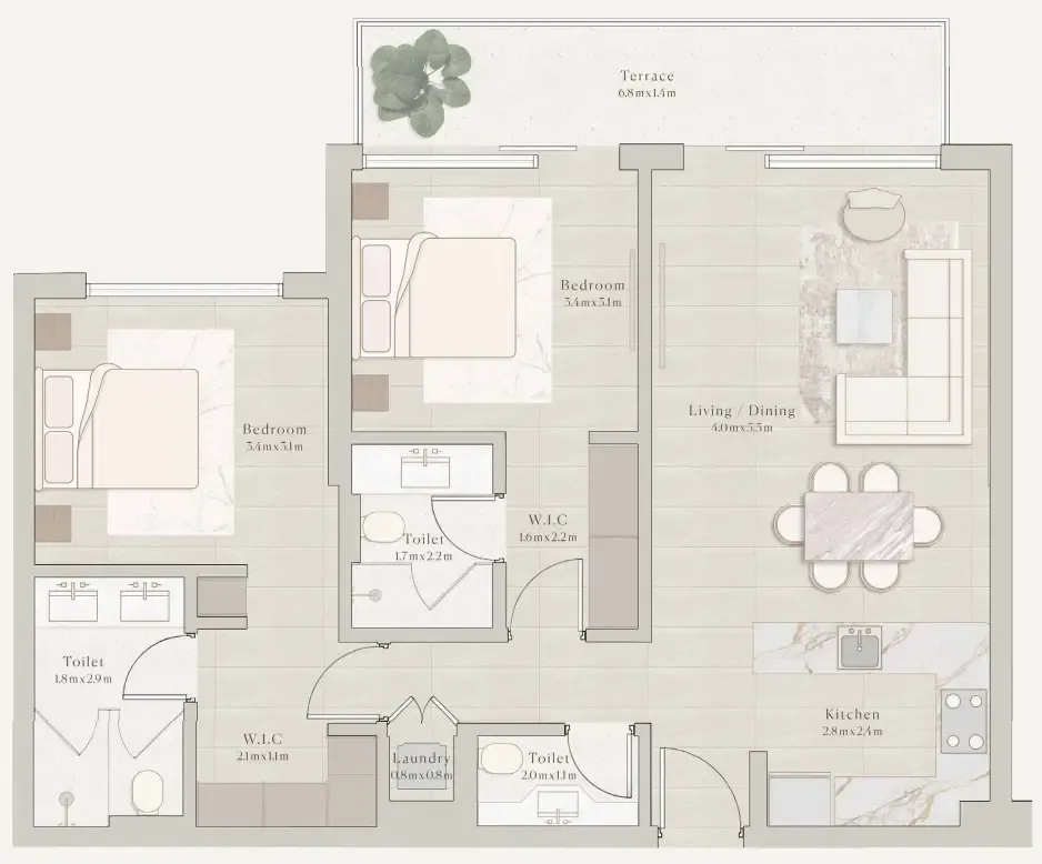 2 bedrooms floor plan