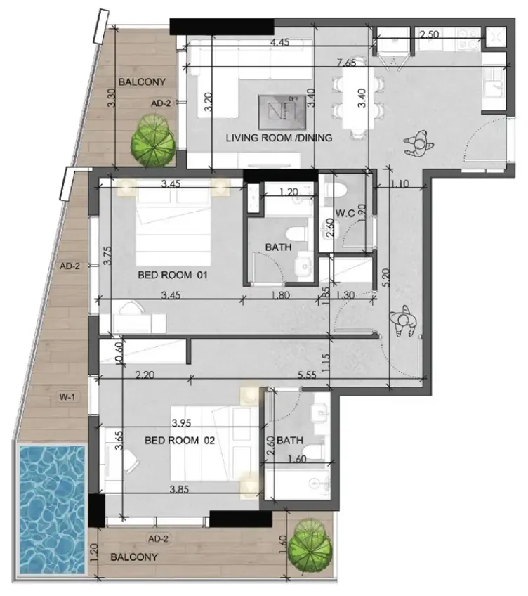 2 bedrooms floor plan
