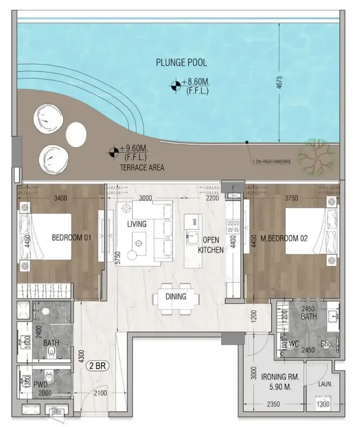 2 bedrooms floor plan