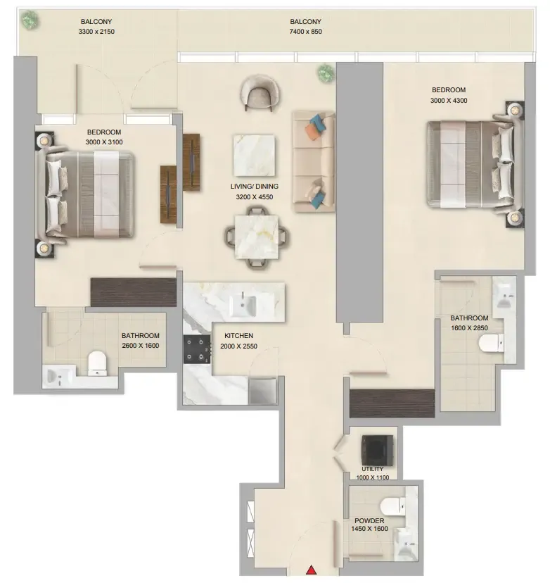 2 bedrooms floor plan