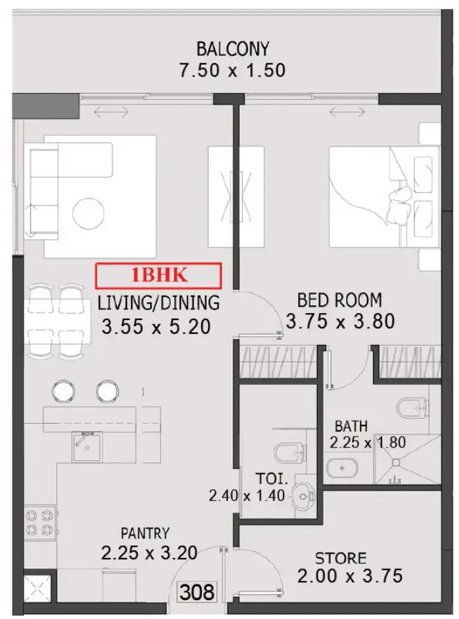 One By Preston — 1 Bedroom floor plan