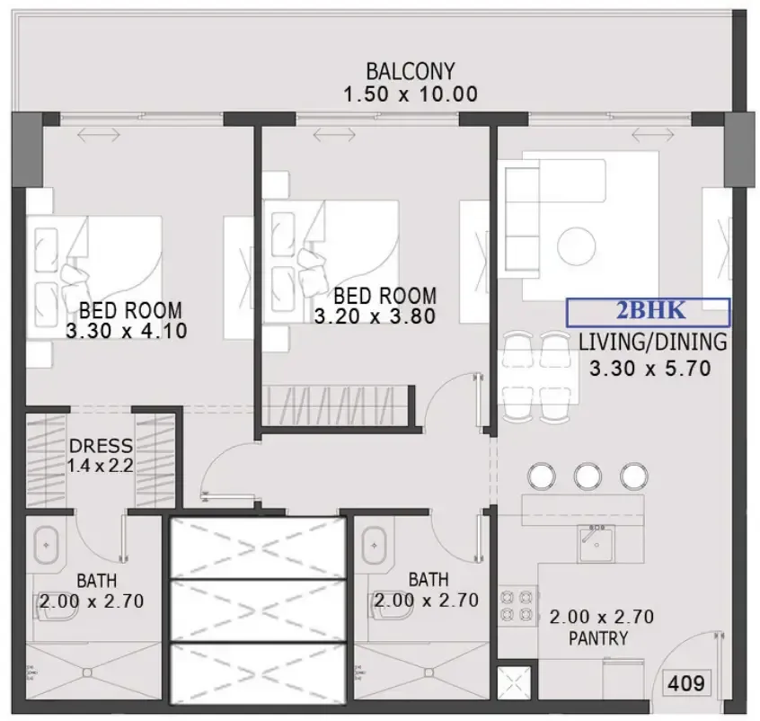 2 bedrooms floor plan