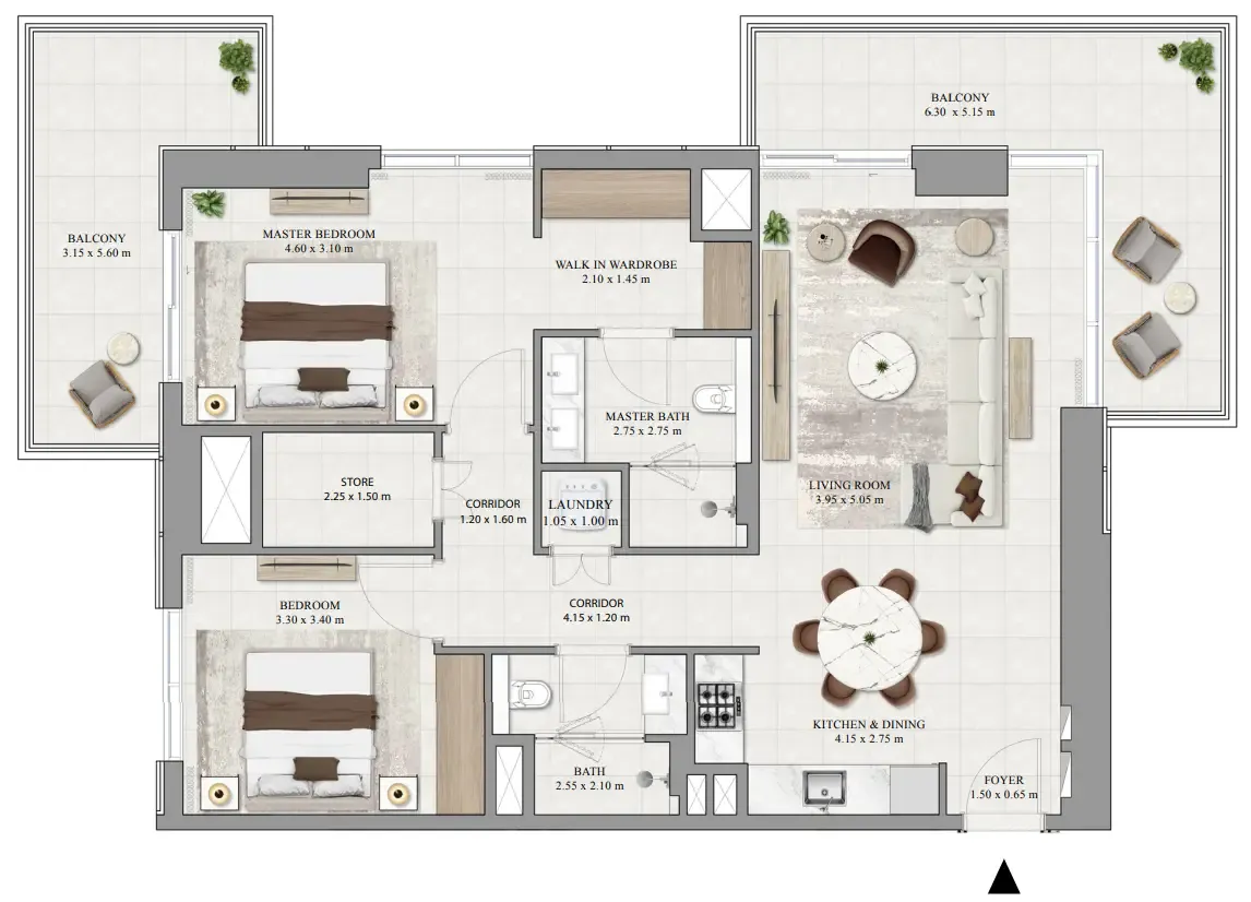 2 bedrooms floor plan
