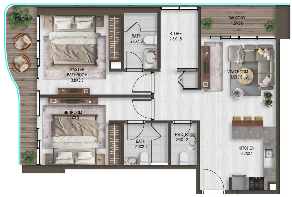 2 bedrooms floor plan