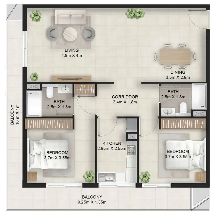 2 bedrooms floor plan