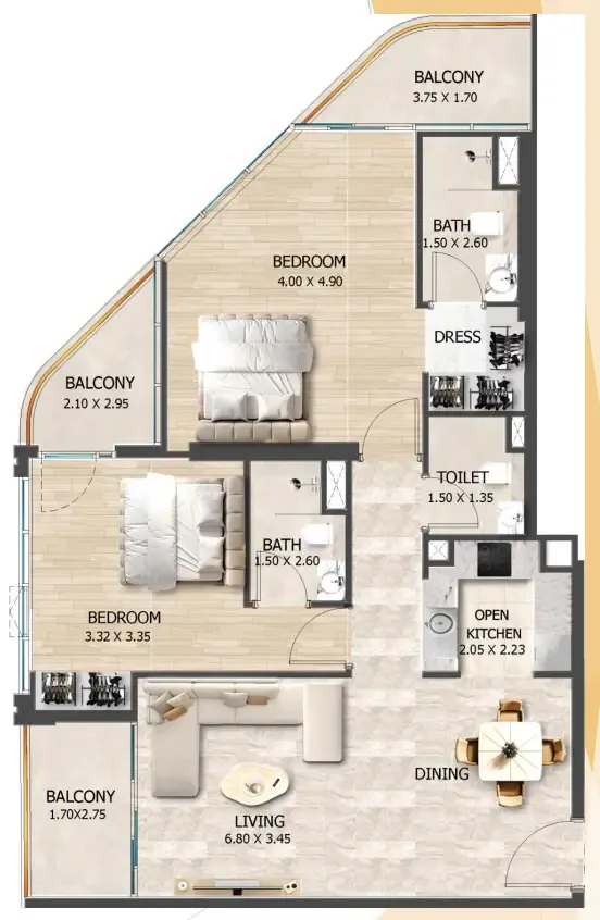 2 bedrooms floor plan