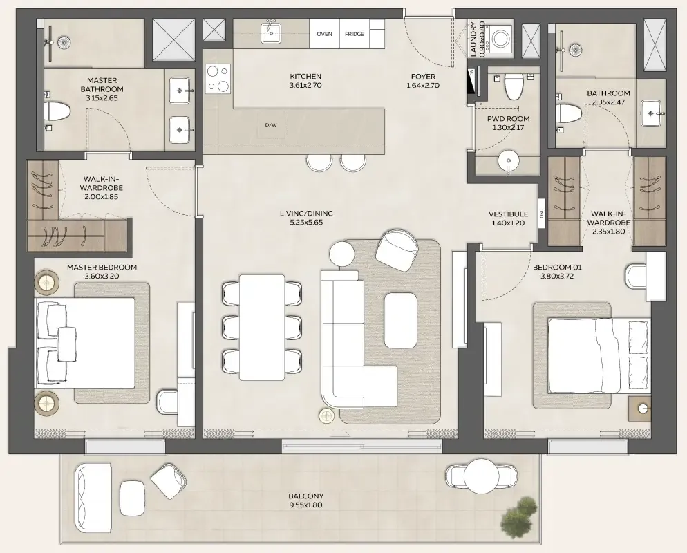 2 bedrooms floor plan