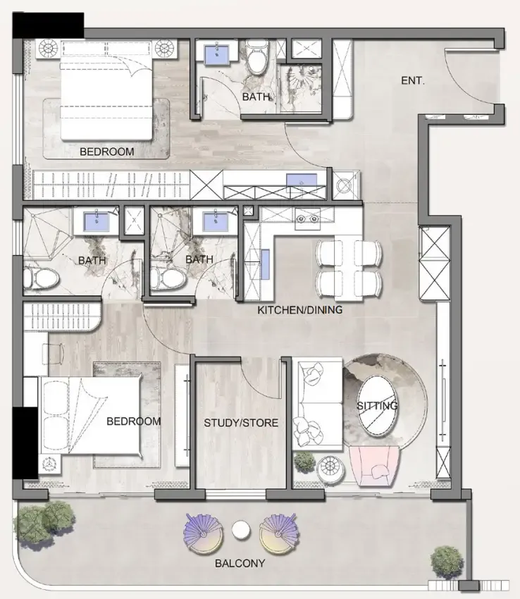 2 bedrooms floor plan
